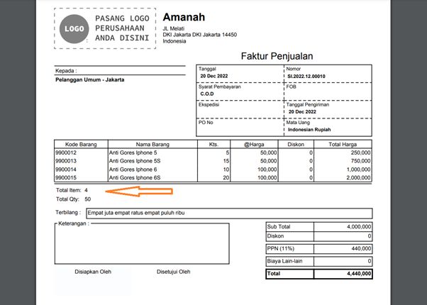 Menampilkan Jumlah Jenis Barang Pada Desain Cetakan Faktur Penjualan Ultima Tekno Solusindo 5310