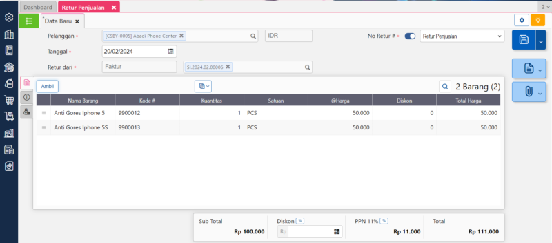 Retur Penjualan Opsi Barang Tidak Dikembalikan
