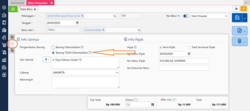 Retur Penjualan dengan barang tidak dikembalikan