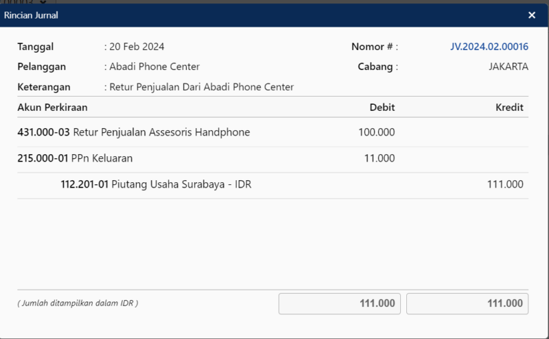 Jurnal Retur Penjualan dengan Opsi Akun ke HPP Barang