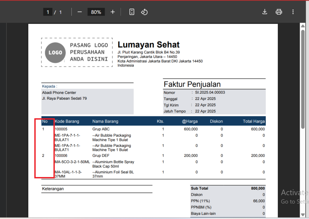 Tampilan Desain Cetakan dengan urutan barang tanpa anak grup